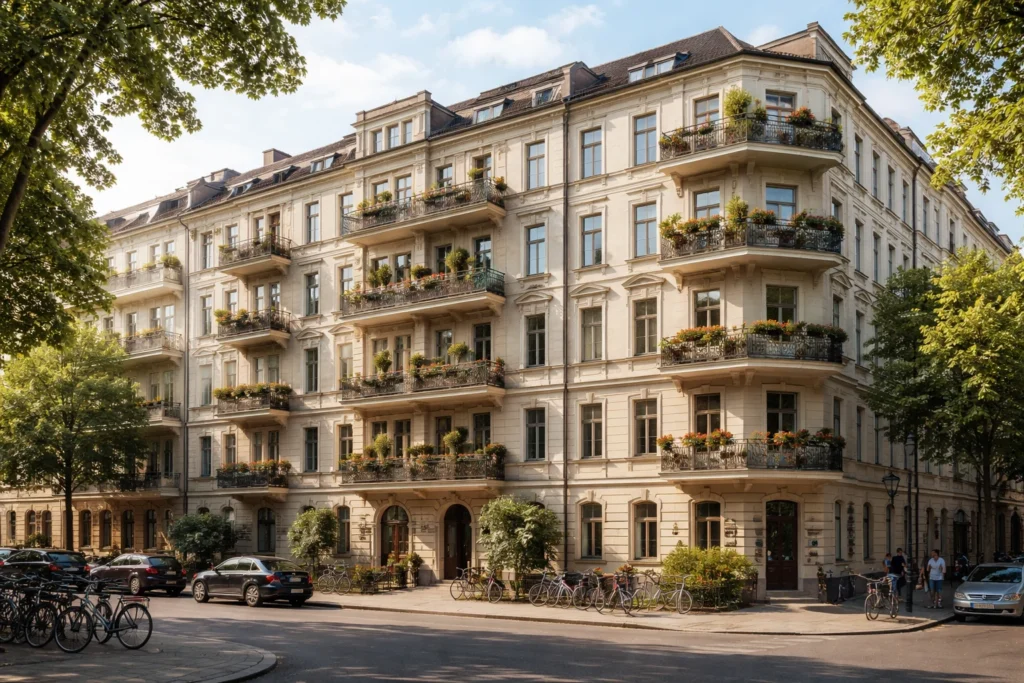 Illustration eines städtischen Wohnhauses mit Balkonen